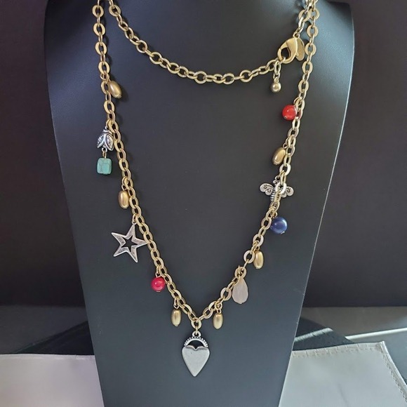 Chico's Jewelry - Chicos Gold Tone Multi Charm Necklace Heart Star Bee Mixed Beads Whimsigoth